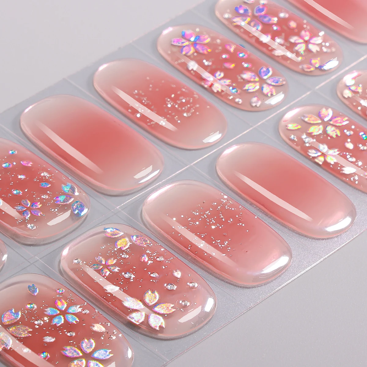 16Tips Glitter Flowers Gel Nail Strips Full Cover Aurora Cherry Blossoms Baking-Free Gel Nail Sticker DIY Manicure Decoration