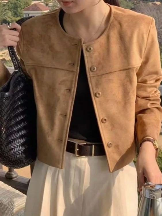 Retro camurça ort jaet feminino hong kong sle chique alto design sensação emagrecimento tamanho pequeno único botão jaet topo