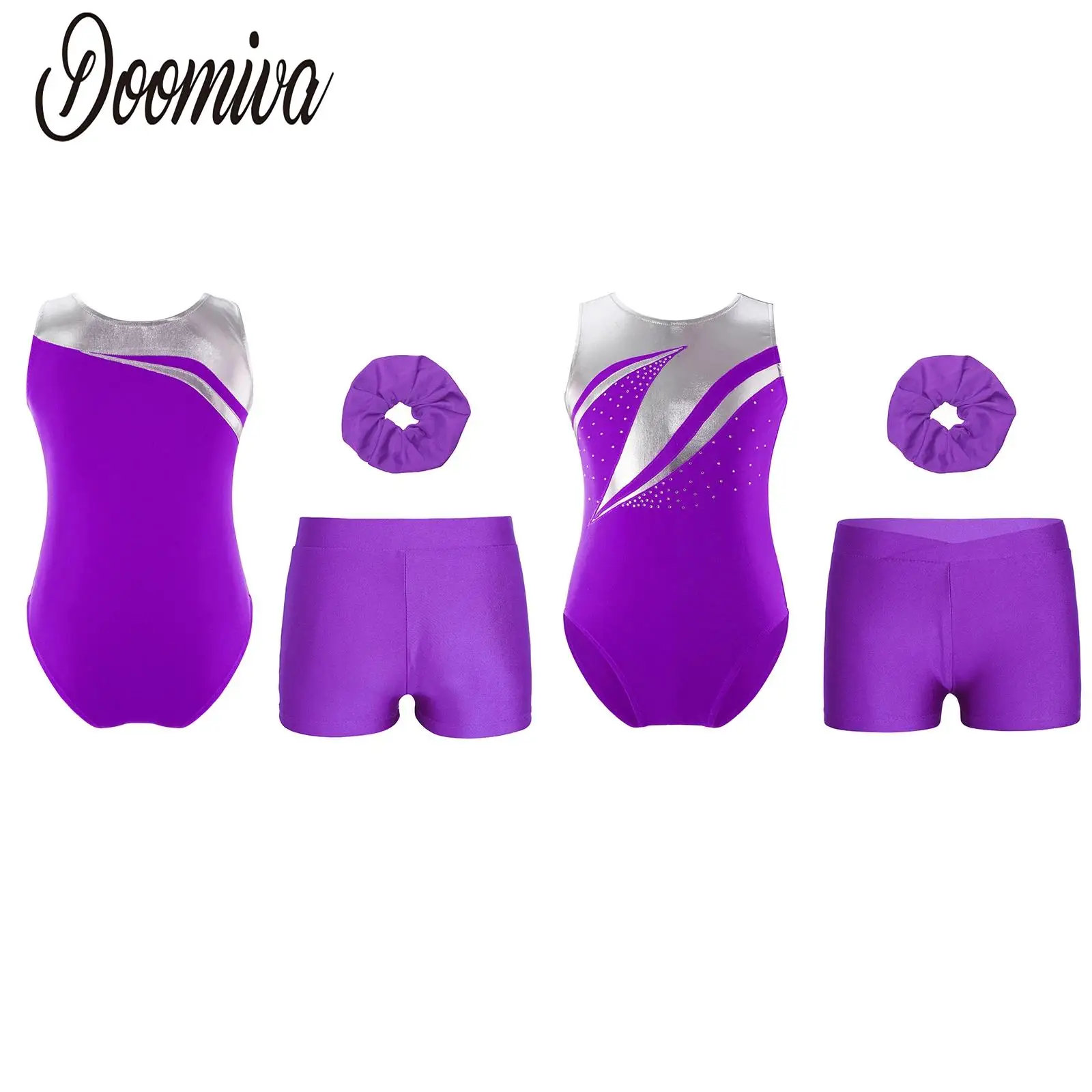 

Girls Gymnastics Dance Outfit 2pcs Ballet Gym Dance Performance Costume with Hairband Sleeveless Leotard Bodysuits And Shorts