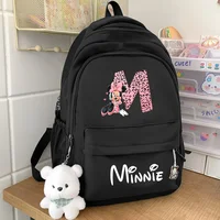 Mochila negra de Minnie, bolsa para libros con letras para estudiantes, mochila escolar para ordenador portátil para niñas, bolsa de viaje para adolescentes, mochila Unisex para ordenador universitario