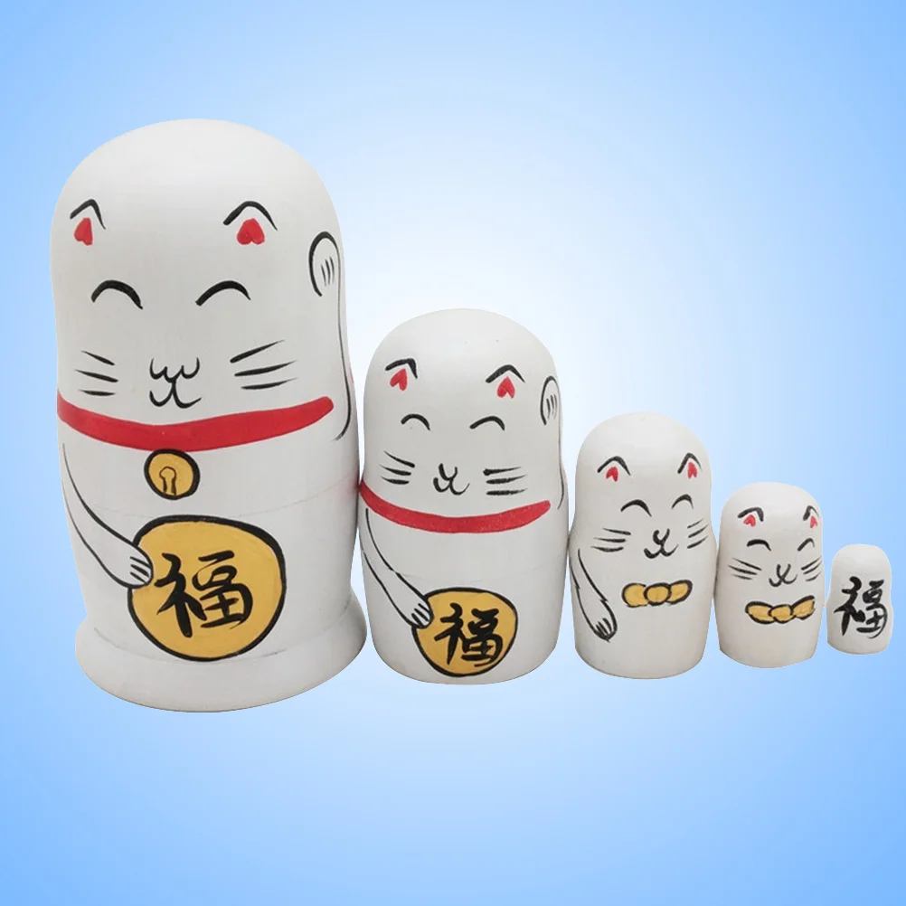5 قطع من لاكي كات الروسية المتداخلة الممتازة للديكور للأطفال والكبار هدية حرفية فنية على شكل حيوانات