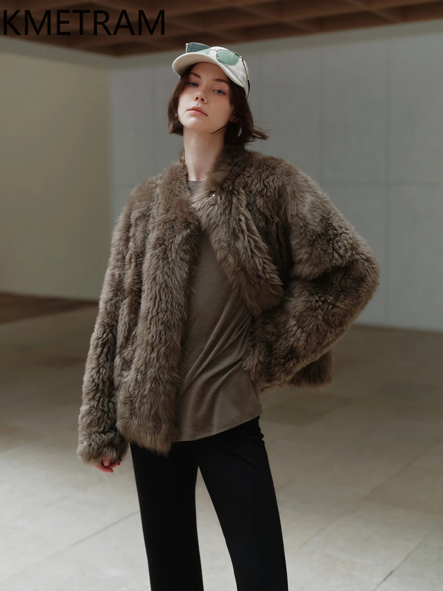 Damska krótka kurtka z prawdziwego futra owczego z naturalnej wełny toskanckiej, dwustronna, w stylu \"old money\", zimowe ubrania damskie, шуба 2025