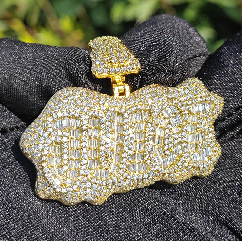 Hip Hop 3A+ CZ Stone Paved Bling Iced Out Juice Letter Pendant Necklace for Men Women Unisex Rapper Jewelry Gold Silver Color
