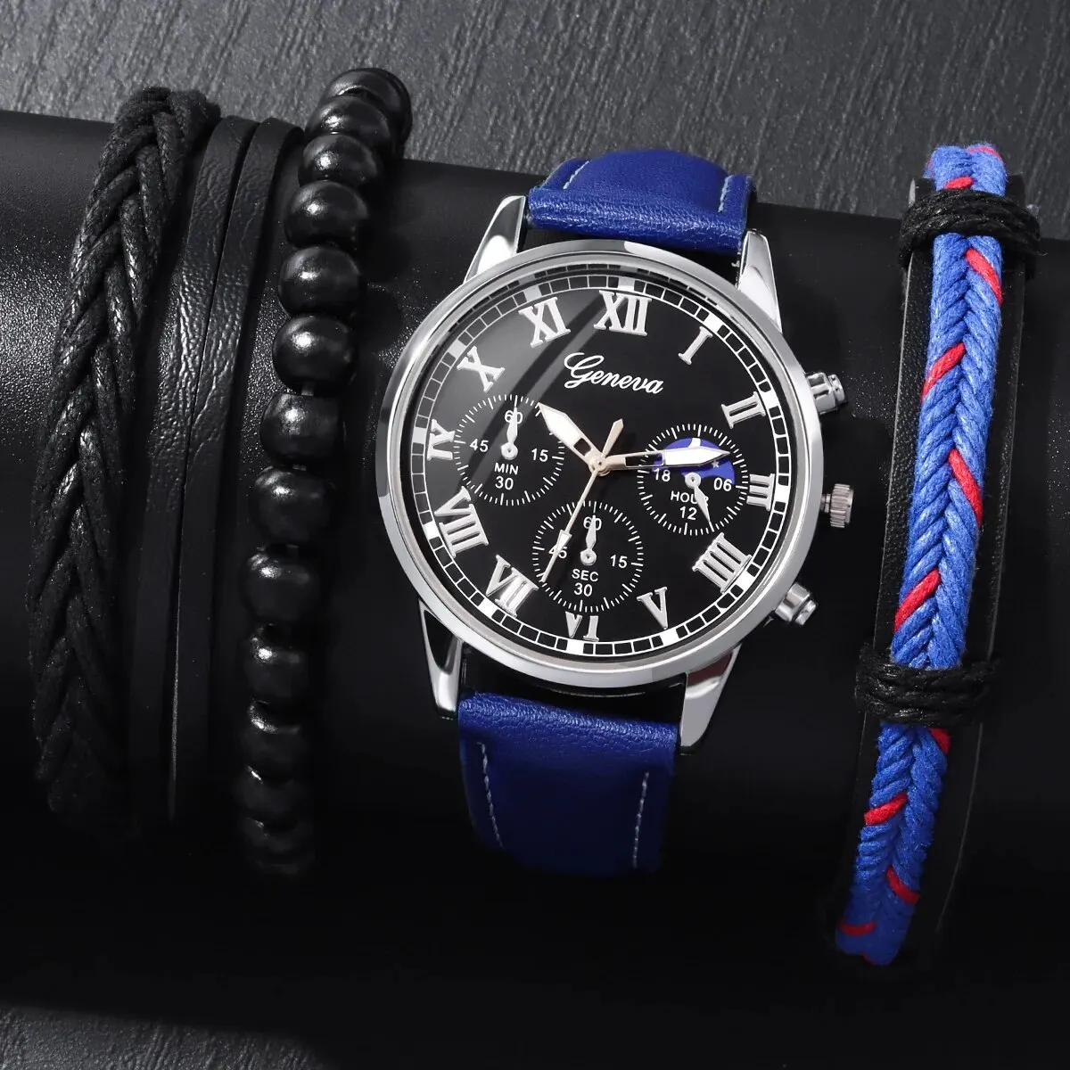 4Pcs/set Business Watch Quartz Sports Watch Casual Belt Men's Watch +PU Bracelet Set Ramadan Gift Set