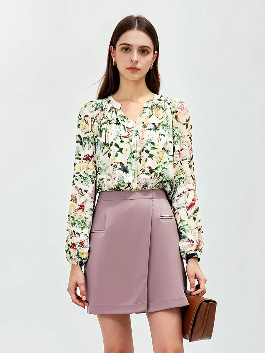 

Женская свободная блузка Ele Floral с V-образным вырезом, миди-топ, весна 2025, винтажный стиль Гонконг, шифон, немнущаяся, с длинным рукавом