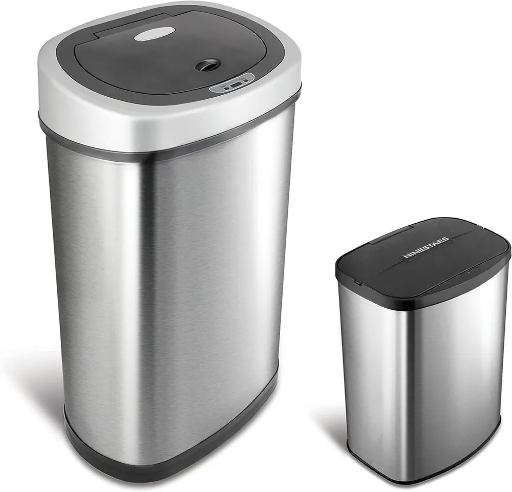 

NINESTARS Automatic Touchless Infrared Motion Sensor Trash Can Combo Set, 13 Gal 50L & 2 Gal 8L, Stainless Steel Base