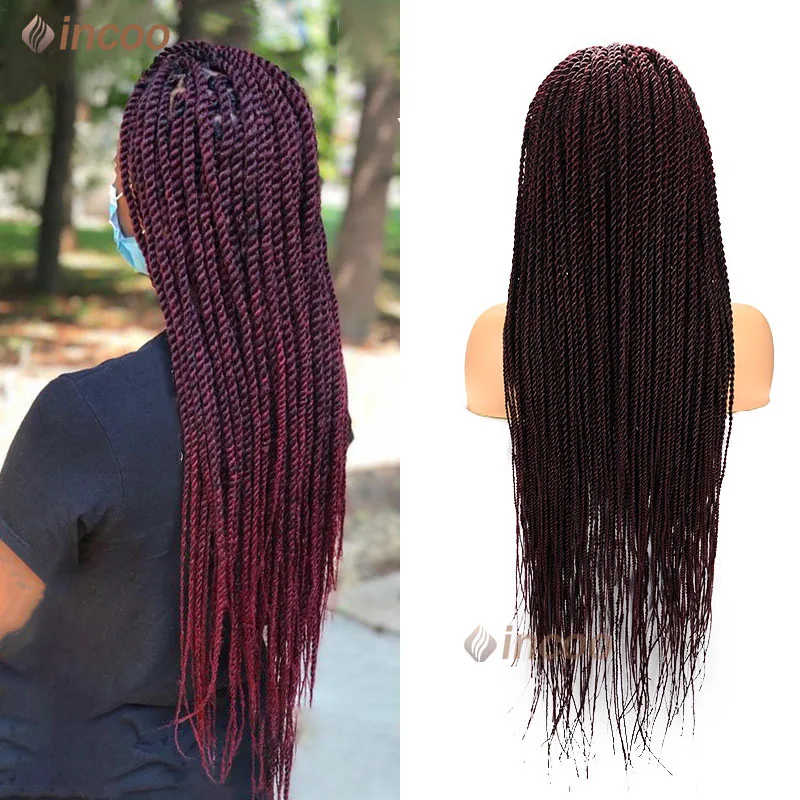 Wig sintetis kepang renda depan dengan jalinan Wig penuh renda untuk wanita Wig kepang putar hitam campuran kotak Burgundy Wig kepang Afrika