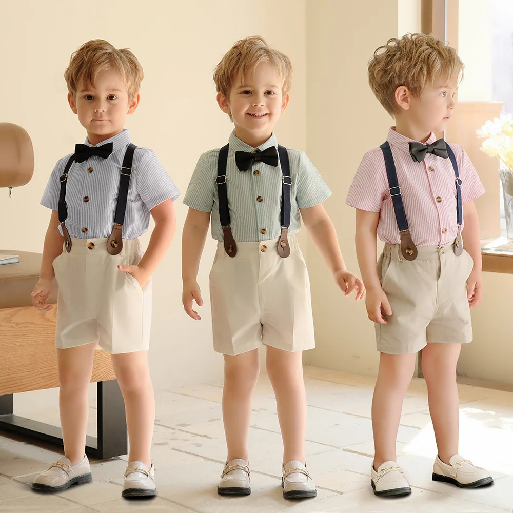 Baby Boys Clothing Set Kids Formal Strap Shirt Shorts Bowtie Wedding Birthday Dress Children Piano Dance Performance Costume