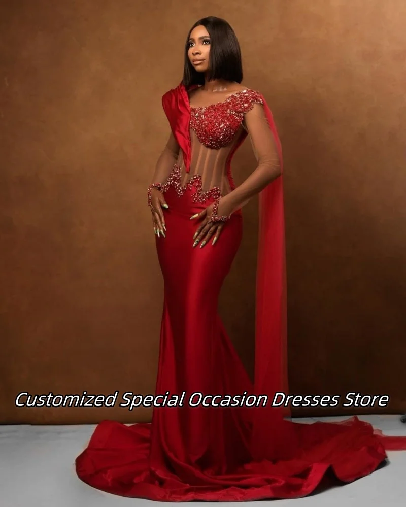 Vinho tinto requintado apliques miçangas vestidos de noite africano luxo sereia vestido de baile para mulheres vestidos de festa de casamento personalizado
