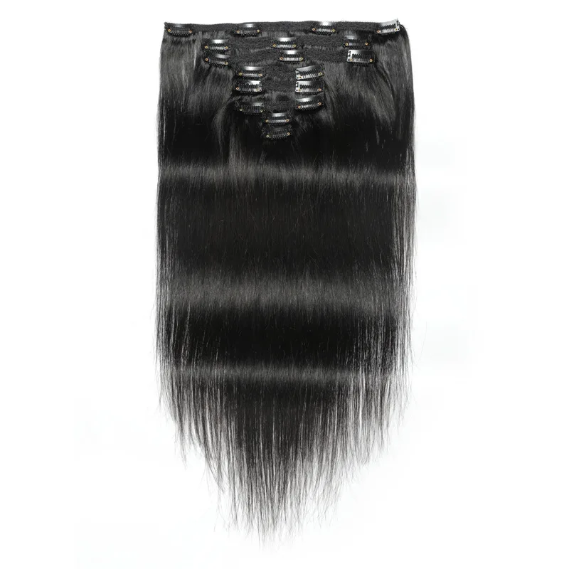 120g conjunto de grampos de cabelo humano em linha reta em extensões de cabelo preto natural 8 peças para cabeça cheia clipe ins pacotes virgem brasileira