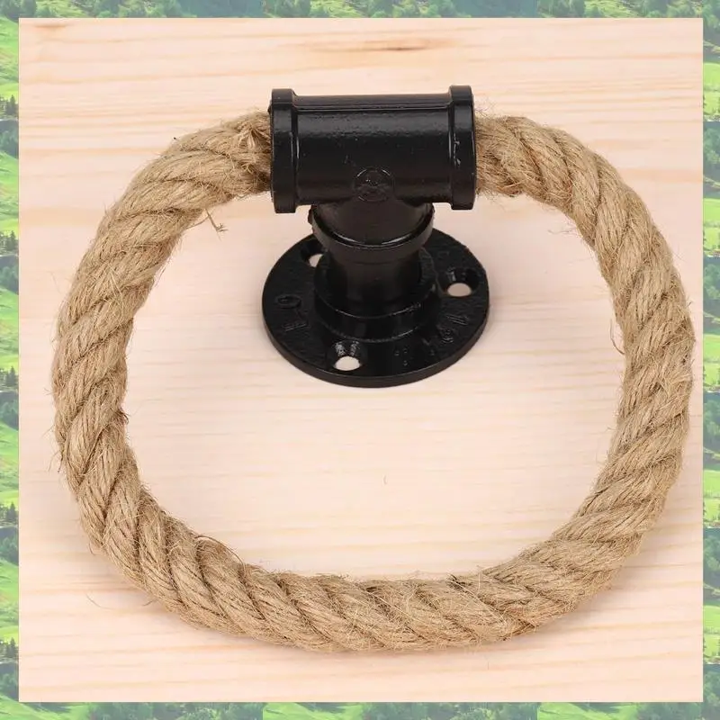 

A59Z-4X Vintage Towel Rack Ring Industrial Style Wall Mount Towel Holder Iron Pipe Jute Rope Bathroom