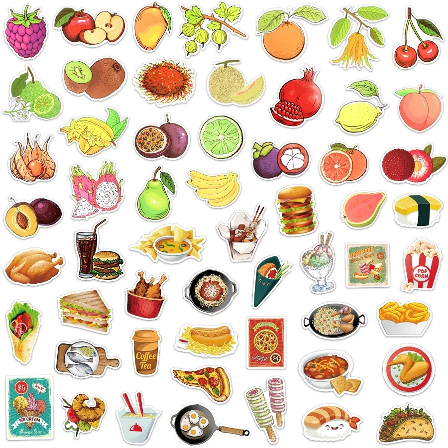 100 PCS Cute Food Drink Fruit Stickers for Laptop Fridge Skateboard Car Phone Motorcycle Cartoon Waterproof Sticker Pack Kid Toy