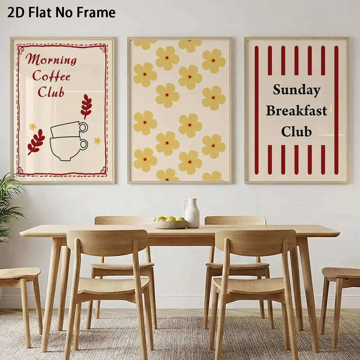 2D Flat, 2D Flat, 3pcs, Floral Coffee Cup Striped English Poster, Breakfast Theme Decorative Painting, Frameless Canvas Wall