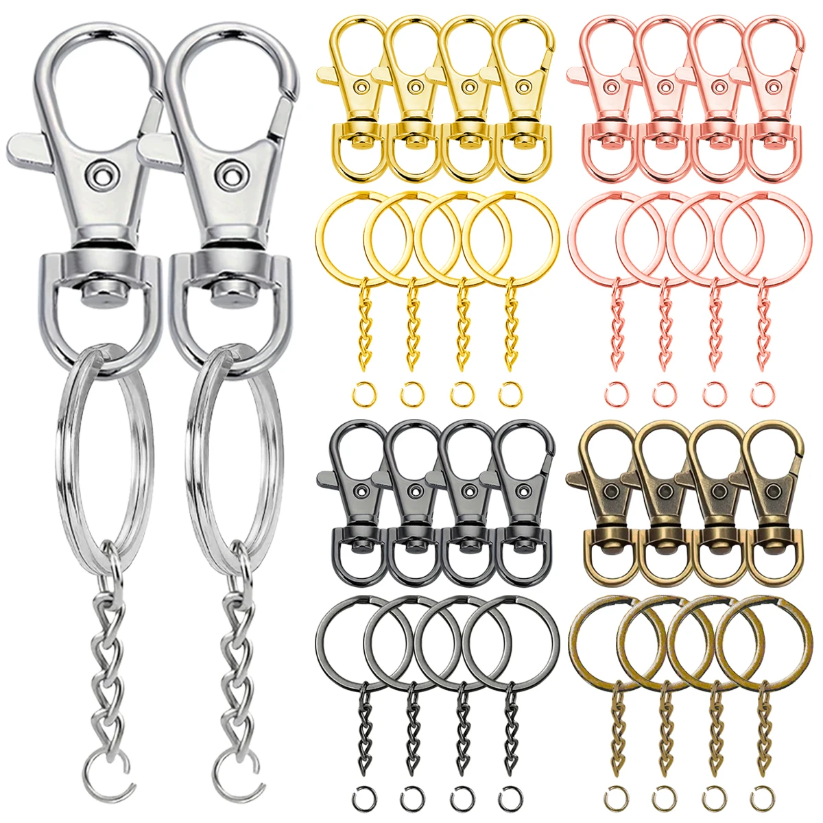 10/18 Sets Rotating Spring Hook Set, Flat Key Rings With Chain and Jump Ring, Suitable for Keychains, Lanyards, Gift, DIY Crafts