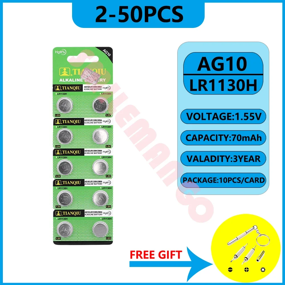 TIANQIU Button Battery AG10 LR1130 Batteries LR54 SR54 389 LR54 189 1.55V Coin Cell Applicable Watch Alarm Clock Calculator