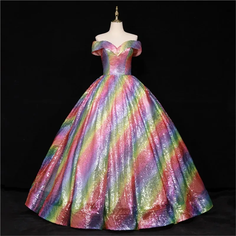 

A dreamy seven-color sequined ball performance one-shoulder dress