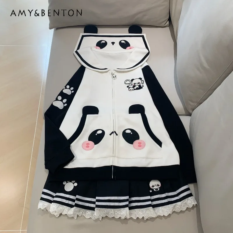 

Милый темно-синий воротник, милая универсальная молния с мультяшной вышивкой, свободная куртка с длинными рукавами, плиссированная юбка, японский кавайный наряд для девочек