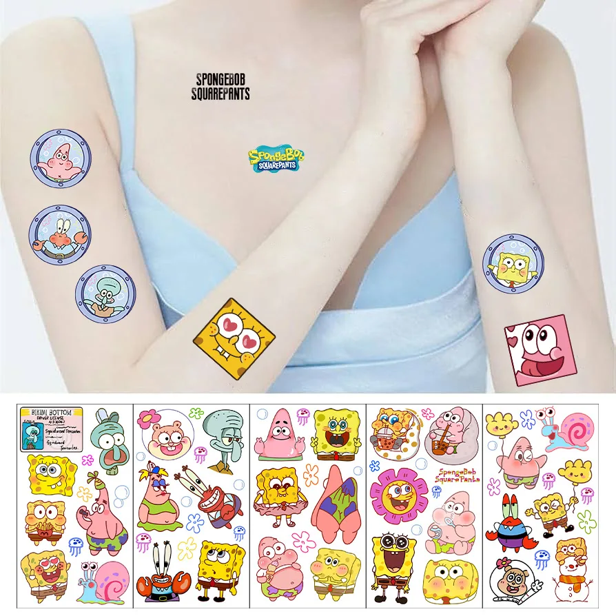 10pcs/Set Cute SpongeBob Tattoo Stickers Birthday Cartoon Anime Temporary Waterproof Tattoos Sticker Toy Kids Boy Girl Gifts