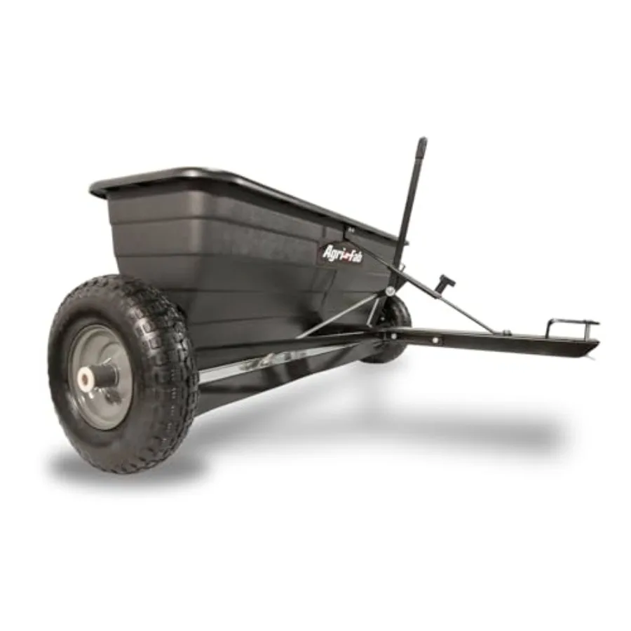 

Lawn garden tow-behind drop spreader for seed fertilizer salt ice melt; 175 lb capacity; steel construction; black; even covera