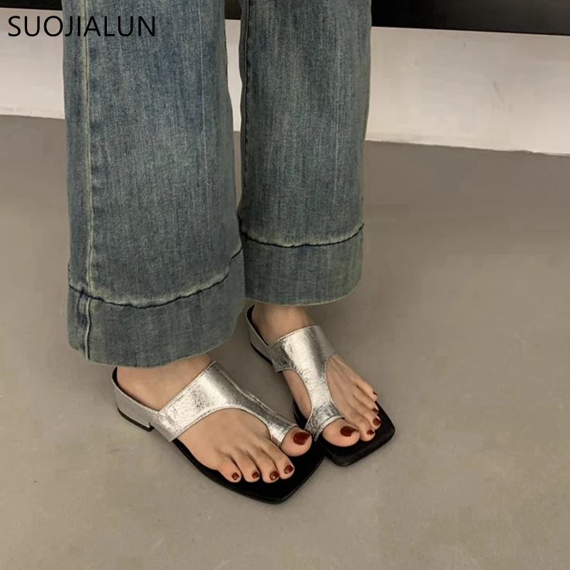 Suojialun 2024 Sommer neue Marke Frauen Slipper Mode Gold Damen elegante Slides Quadrat Low Heel Kleid lässig Flip Flops Schuhe