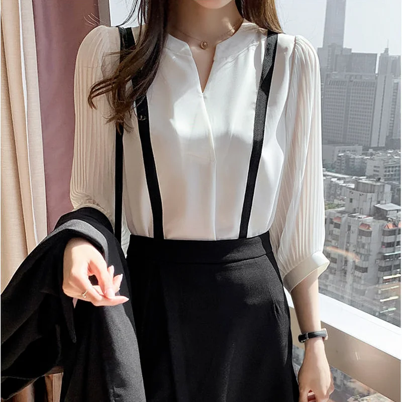 Women Blouses Folds Three Quarter Sleeve Office Lady Patchwork Cozy Chiffon V-neck Temperament All-match Tops Soft Shirt Female