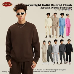 ZODF New Men 345GSM Fleece Sweatshirt Autumn Winter Unisex Loose Solid O-Neck Hoodie Pullovers Streetwears HY0011