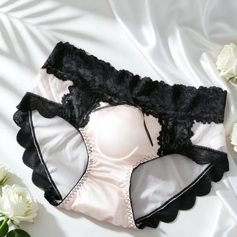 Men Sexy Lace Satin Bulge Underwear Breathable Ice Silk Seamless Briefs Mid Waist Thin Crossdressing Panties Sissy Lingerie