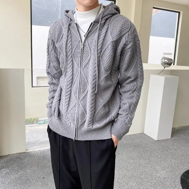 

Korean Ins Minimalist Zipper Sweater Men's Hooded Knitted Top Lighter Loose Fit Trendy Chic Cardigan Solid Color 2025 New