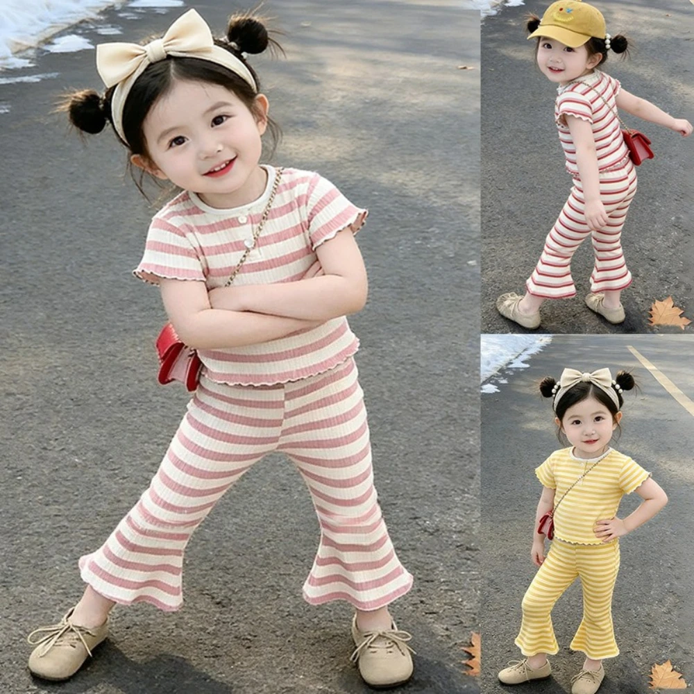 Neue Sommermode für Kinder im koreanischen Stil: Rundhals-Oberteil mit Spitze und Streifen + Hose, Lässiges Alltags-Set für Mädchen von 2-7 Jahren