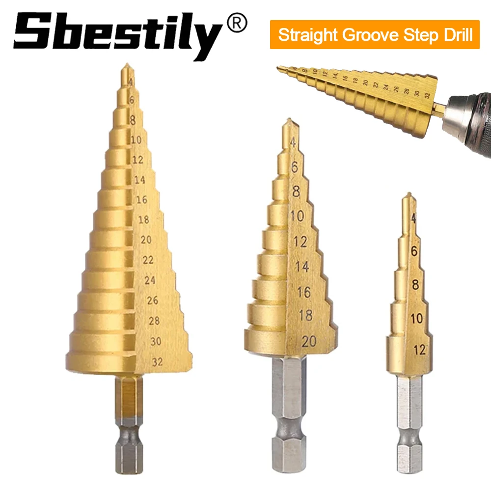 

3Pcs Straight Groove Step Drill Bit 4-12mm 4-20mm 4-32mm Titanium Plated Hex Shank Pagoda Drill Drilling Tool Accessory Set
