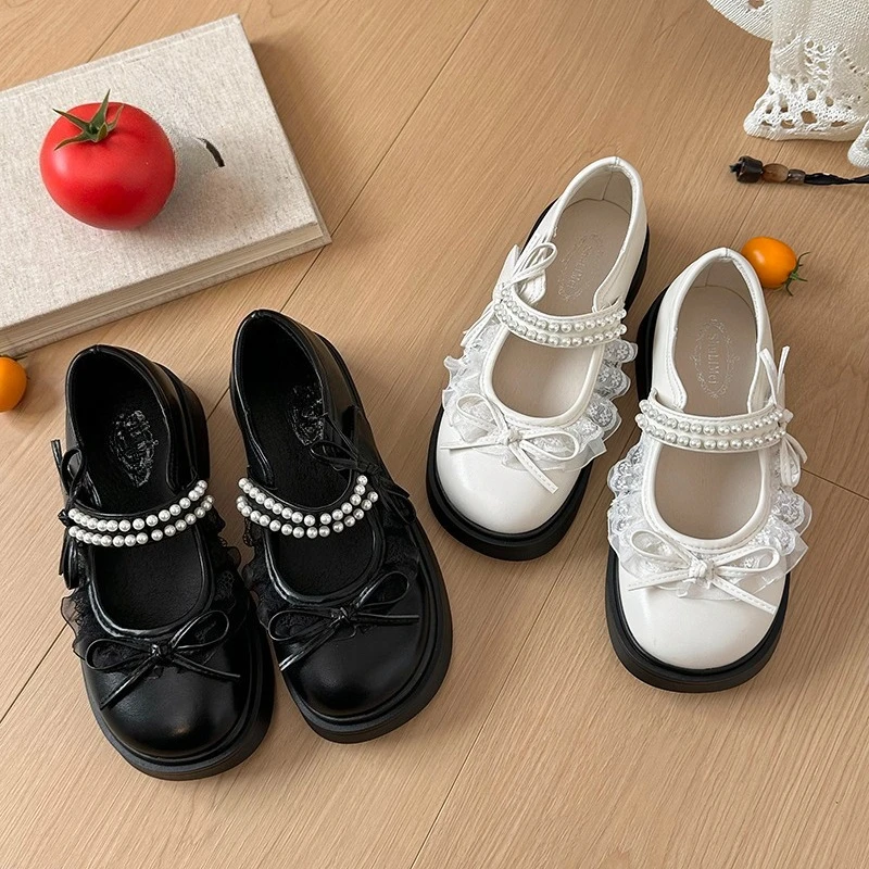 

Versatile Heeled Single Shoes Women's French Round Toe One Strap Lace Bow Pearl Mary Jane Shoes