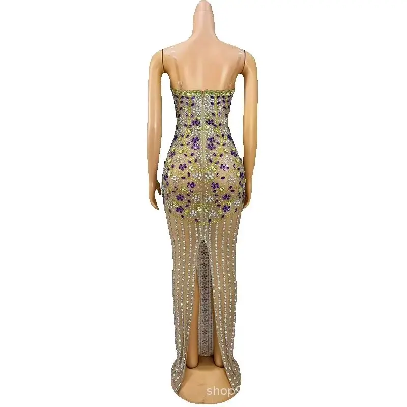 Luxury Rhinestone Contrasting Color Design Temperament Dress Annual Meeting Women's High-end Dress Model Catwalk Robes De Soirée