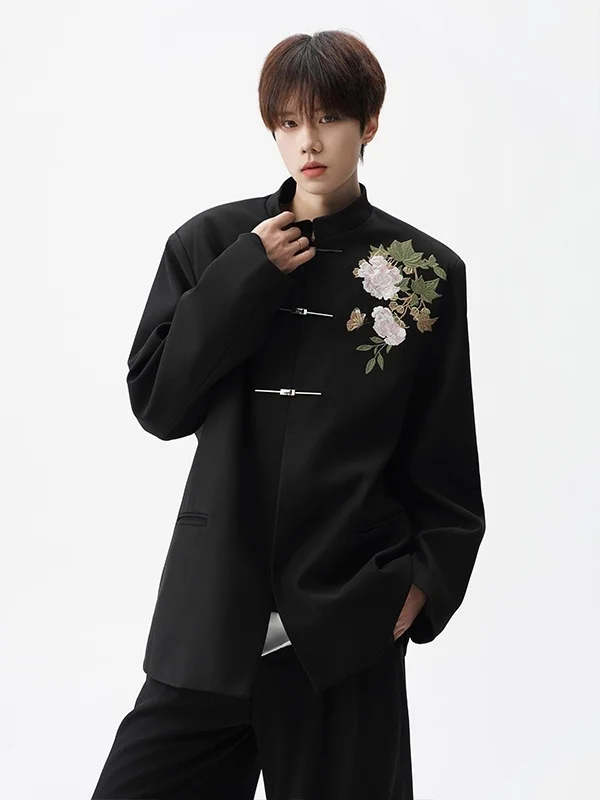 Nouveau chinois Sle brodé pivoine fleur col montant hommes costume de mariage Jaet dur et rigide décontracté Western manteau haut