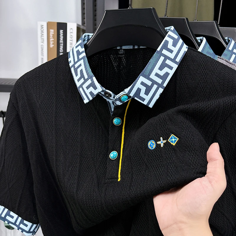 

Men's Luxury Short-Sleeved Polo Shirt Lapel Embroidery Slit Hem Exquisite Hollow-Out T-Shirt Fashion Trend Men's Clothing Tops