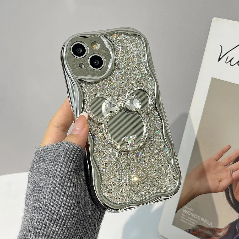 

Luxury Plating Bling Sequin Glitter Shiny+Diamond Mirror Stand Phone Case For iPhone 15 14 13 12 11 ProMax Lens Protective Cover