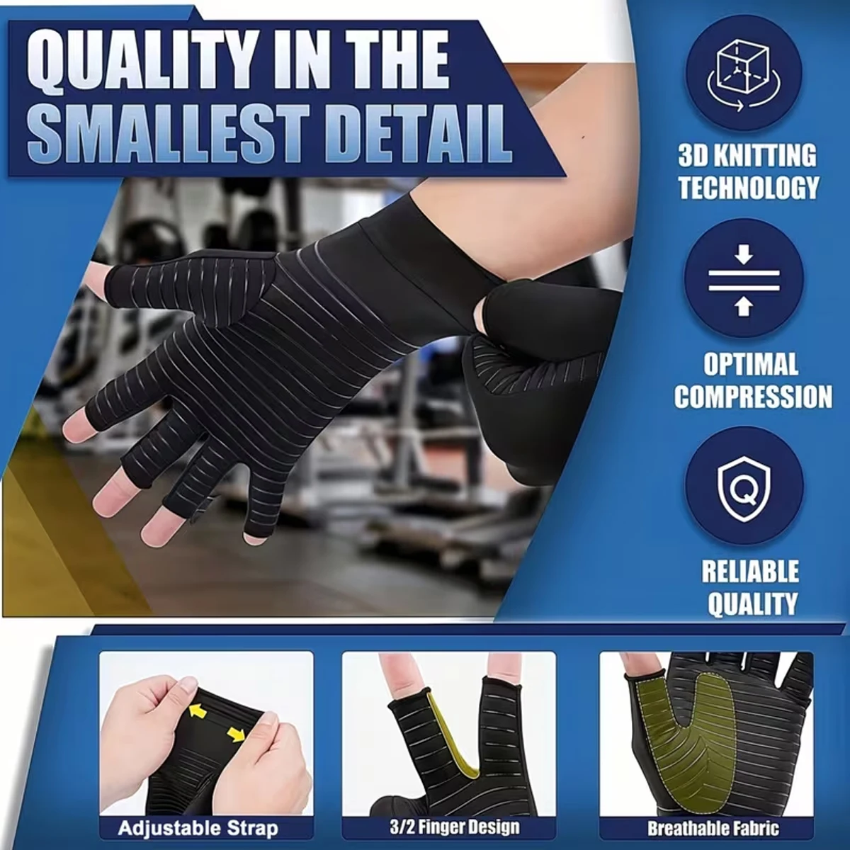 Kompressionsschutzhandschuhe, fingerlos zum Tippen, Kupferionen-Material, lindern Handanschwellungen, winterwarm, schwarz, für Radfahren – Detail 1