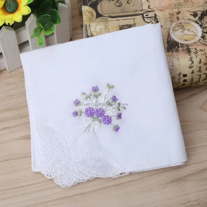 6 Pcs Vintage Cotton Ladies Embroidered Lace Handkerchief Women Floral Hanky