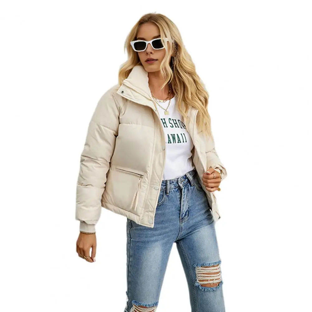 Women Jacket with Zippered Pockets Turn-down Collar Thickened Padding for Windproof Coat