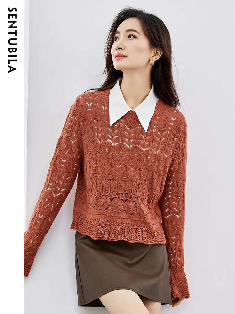 SENTUBILA Hollow Out Sweater for Women 2024 Autumn Fashion Round Neck Elegant Long Sleeve Temperament Knit Top Jumpers W33E52449