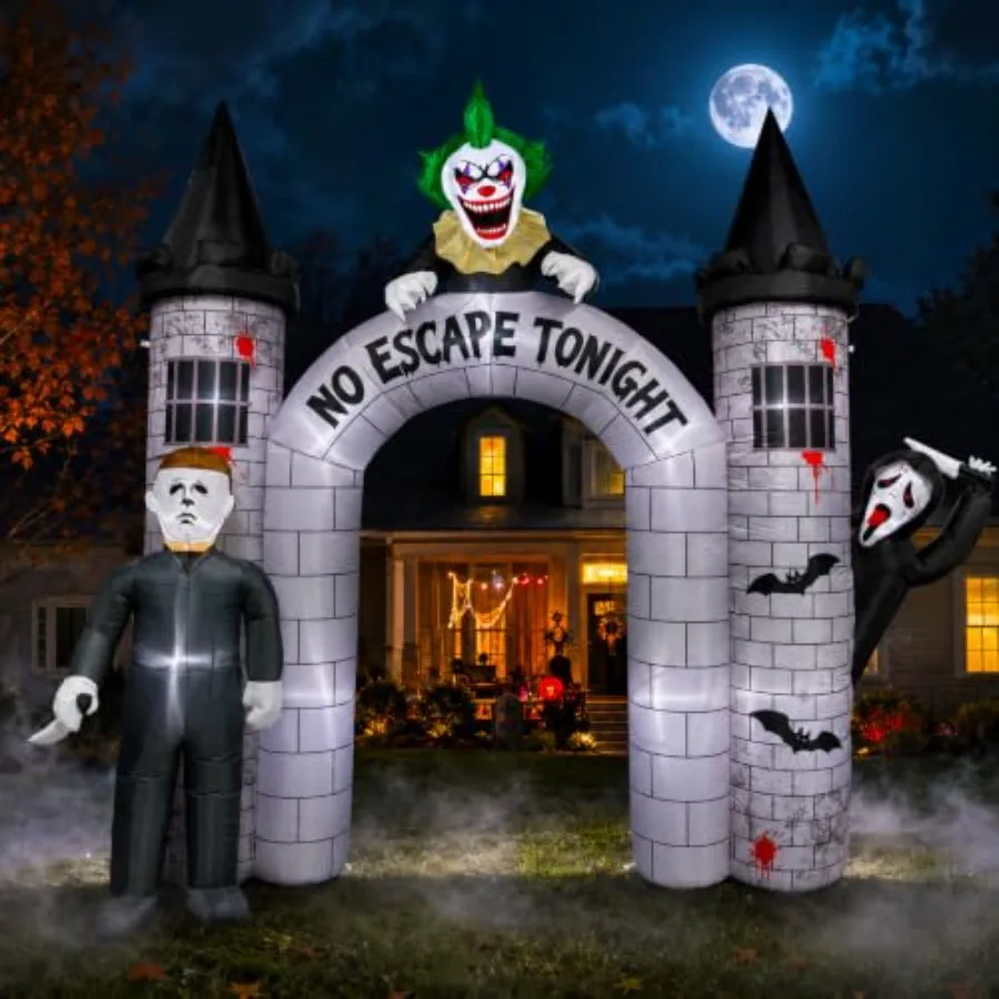 10FT Halloween Inflatable Archway Outdoor Decorations with Built-in LEDs, PVC material, orange and black, weather-resistant and