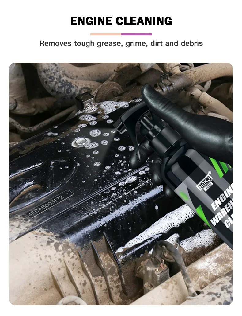 قطع من خلال الشحوم المكتوبة. مزيل شحوم المحرك الاحترافي يذوب الزيت والوجائم في دقائق.