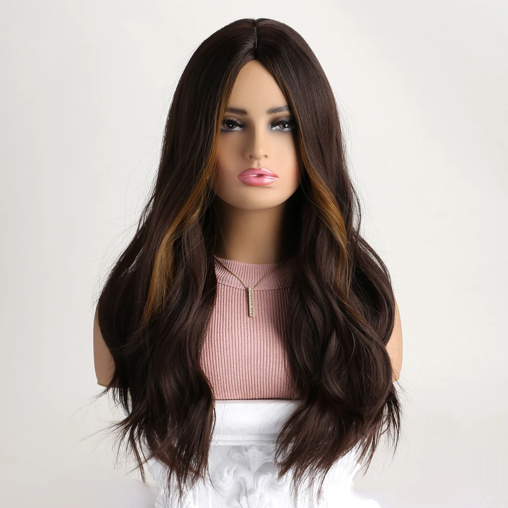 

26 Inch Long Wig Synthetic Dark brown For Women Natural Wave Wigs With Bangs Fake Hair Heat Resistant Fiber For Daily Halloween