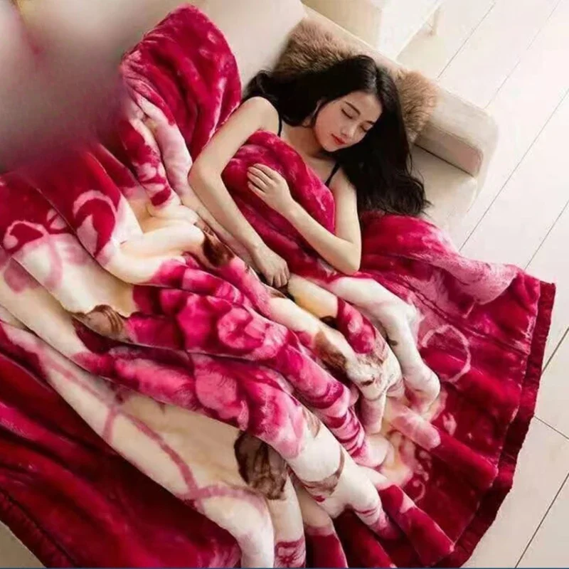 Light Luxury Winter Thick Raschel Blanket Double Layer Plush Retro Print Home Student Dormitory Warm Soft Comfortable Blankets