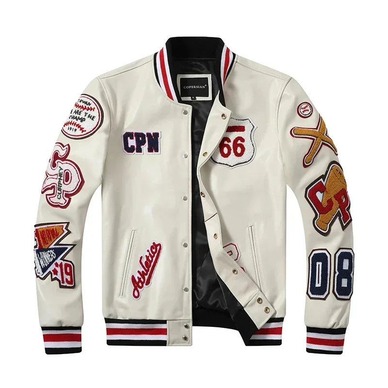 

Copersian Cow Letter Flocking Embroidered Jacket Motorcycle Baseball Uniform Hiphop Leather Dropshipping