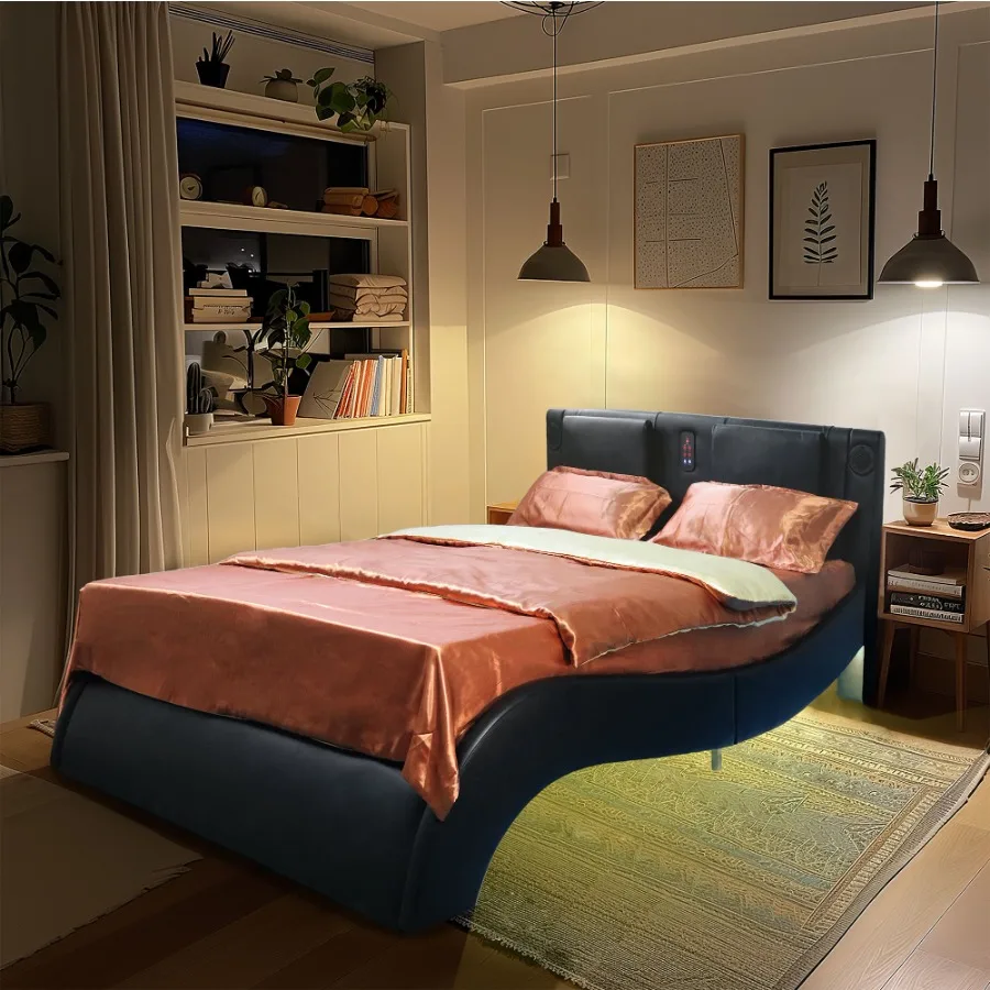 

Faux Leather Upholstered Platform Bed Frame with led lighting Bluetooth connection to play music control Backrest vibration mas