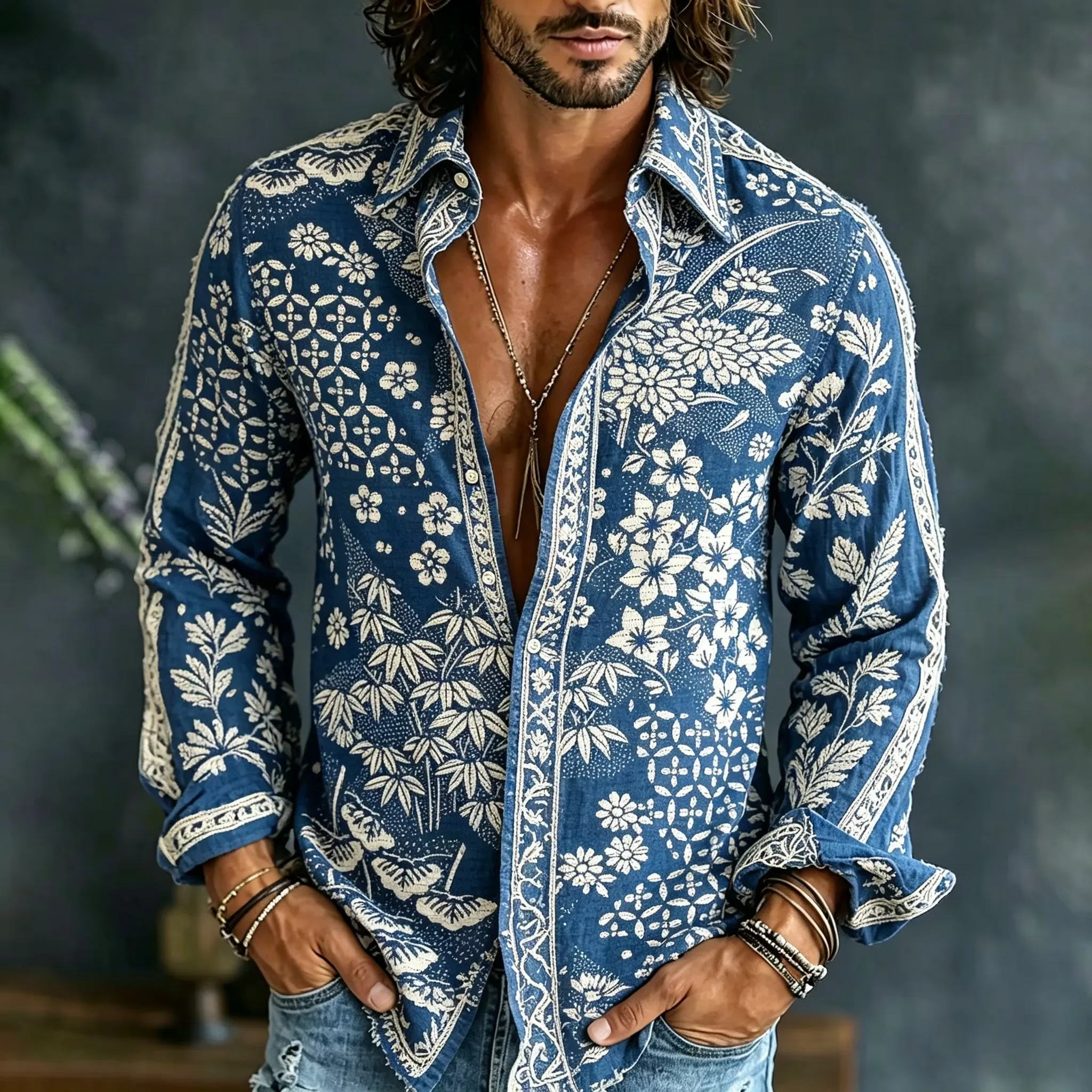 

New Chinese style green bamboo 3D printed men's shirt with bean green collar, long sleeved slim fit casual shirt