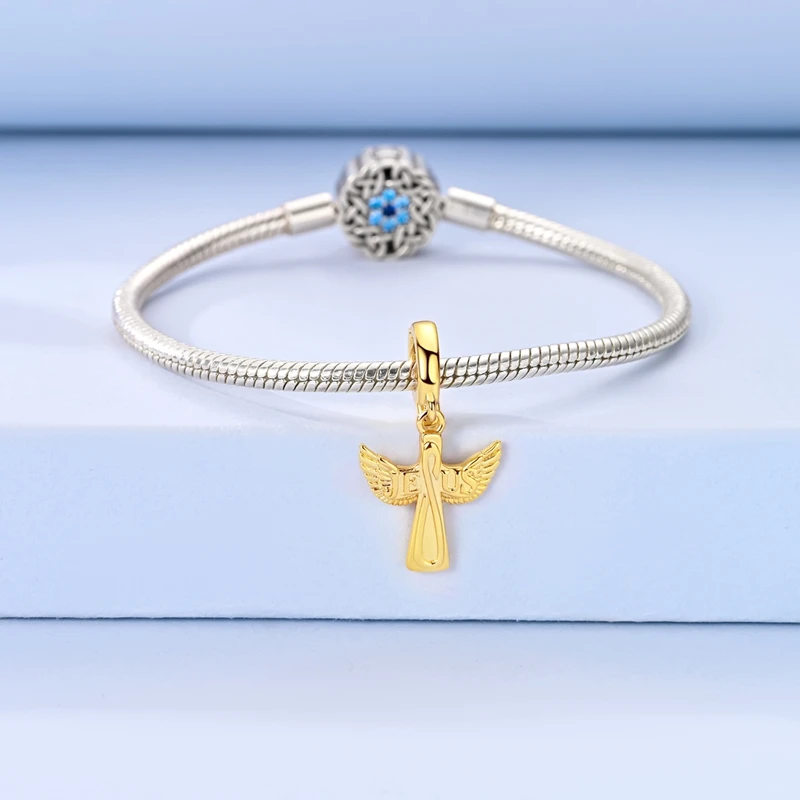 925 Sterling Silver Golden Wings Universal Buckle Cross Charms Pendant Fit Original Bracelet DIY Women Birthday Jewelry Gifts