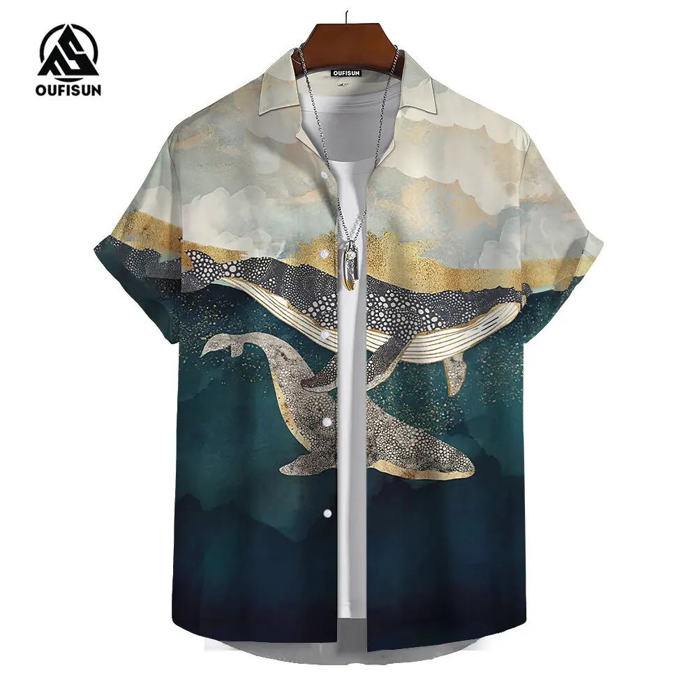 Summer Men\'s Short Sleeve Shirt Japanese Style Printed Sakura Fuji Mountain Pattern Street Fashion Men\'s Shirt Oversized Tops