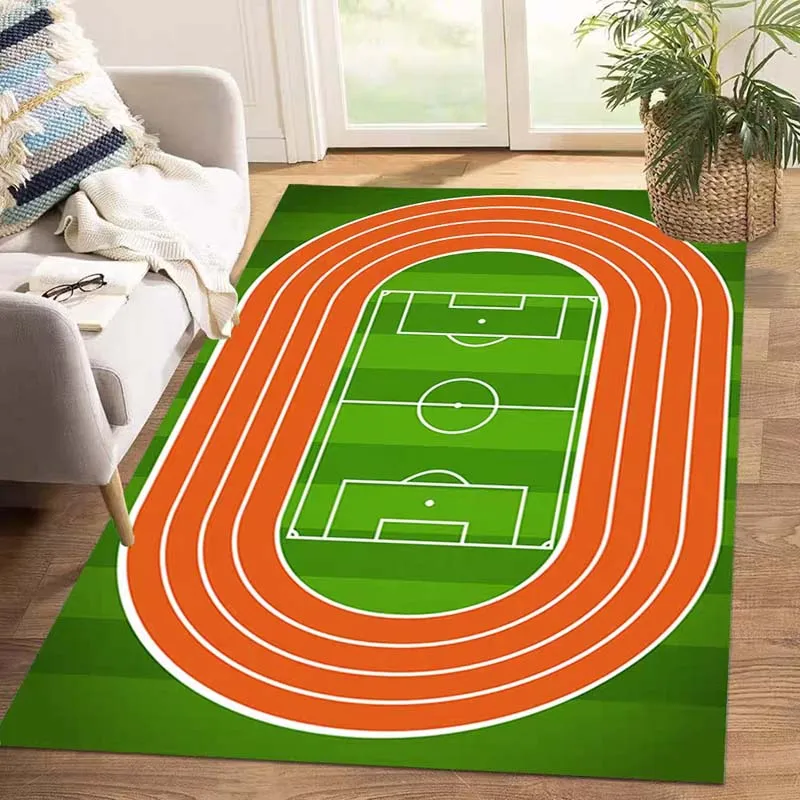 Sports Stadium Pattern Kids Room Large Carpet Green Base with Red Track Soccer Field Pattern Anti-slip Rug for Home Decor