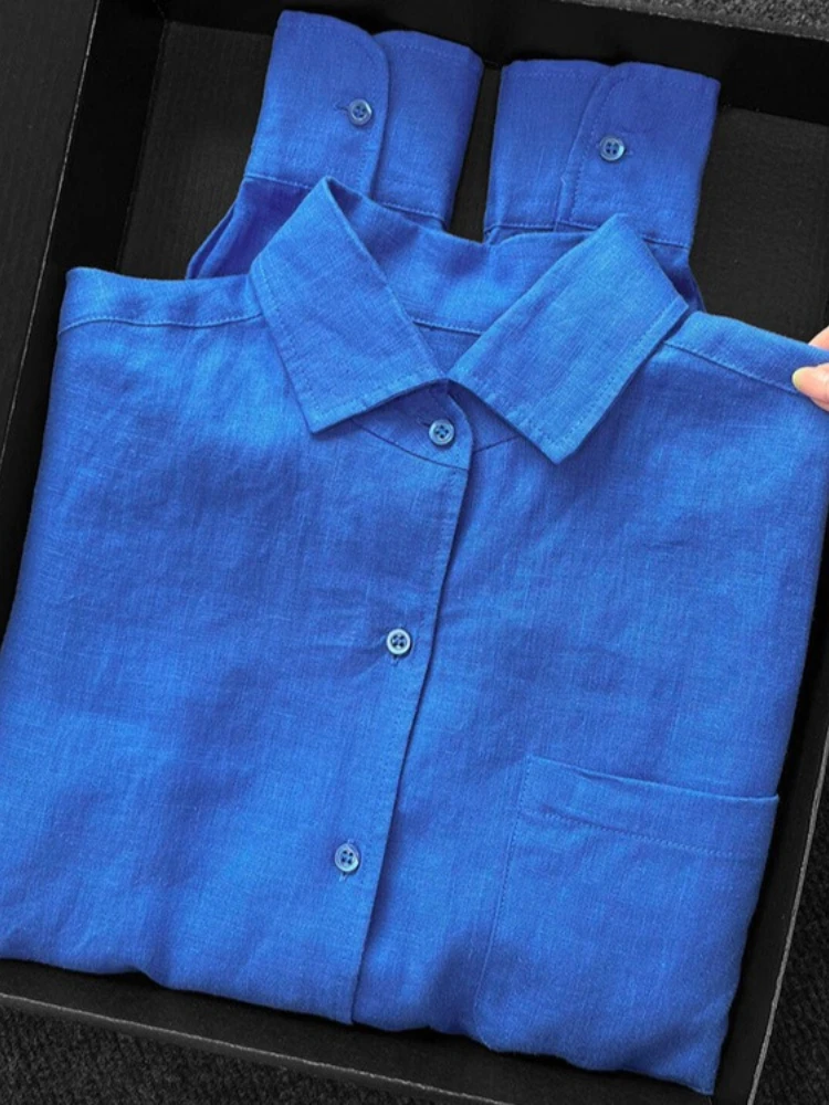 

Синяя льняная рубашка женская летняя тонкая свободная из хлопка и льна с длинным рукавом, с защитой от солнца, повседневный топ, удобный, дышащий, с воротником